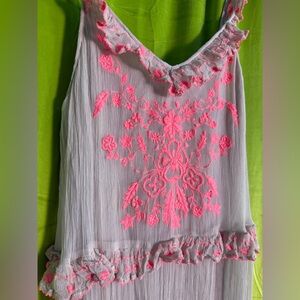 Free People Neon Pink Embroidered Maxi Dress Sheer Large Lined Coraline